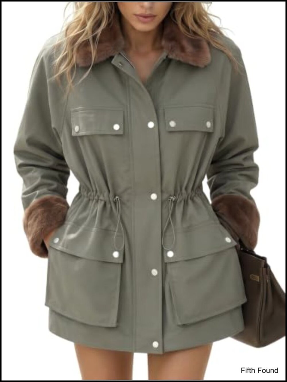Faux Fur Collar Cuffs Trench Coat Zip Up Utility Jacket with Pockets